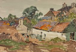 ‡ WILL EVANS (Welsh 1887-1957) watercolour - farmstead and surrounding buildings, 38 x 56cms