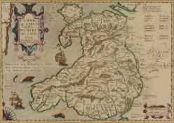 HUMPHREY LLWYD coloured & tinted antiquarian map of Wales, entitled 'Cambri Iae Typus', 40 x 54cms