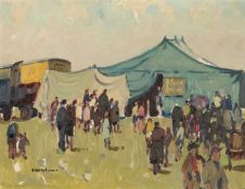 ‡ DONALD MCINTYRE (English, lived / worked Wales 1923-2009) oil on board - circus tents and wagons