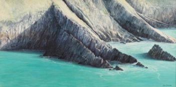 ‡ CERI AUCKLAND DAVIES (Welsh b.1951) egg tempera - coastal scene, signed, 52 x 105cms Provenance: