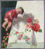 ‡ JOHN VIVIAN ROBERTS (Welsh 1923-2003) acrylic and mixed media - floating doll and roses, signed,