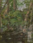 ‡ DIANA ARMFIELD RA (English b.1920) oil on board - titled verso 'Sunlight on the Tree Trunks