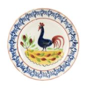 LLANELLY POTTERY COCKEREL PLATE having a typical painted cockerel centred upon a landscape, within