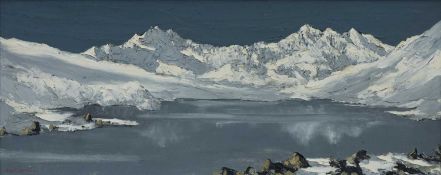 ‡ CHARLES WYATT WARREN (Welsh 1908-1993) oil on board - winter Llyn Mymbyr with Yr Wyddfa, signed,