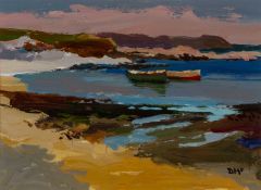 ‡ DONALD McINTYRE oil on board - fishing boats in bay, signed with initials, 20 x 27.5cms