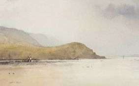 ‡ GARETH THOMAS (Welsh 1955-2019) watercolour - Gower Beach scene with headland and figures, signed,