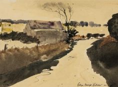 ‡ JOHN KNAPP-FISHER (English, lived Wales 1931-2015) watercolour - country lane with buildings,