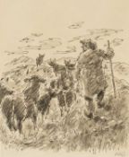 ‡ SIR KYFFIN WILLIAMS RA (Welsh 1918-2006) pen & inkwash - farmer and cattle in a landscape,
