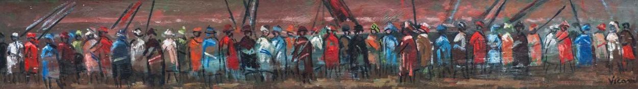 ‡ ANDREW VICARI (Welsh 1932-2016) oil on board - entitled verso 'Marchers at Pentecost in Wales