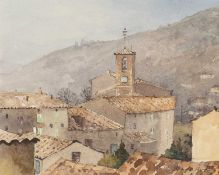 ‡ GARETH THOMAS (Welsh 1955-2019) watercolour - Tuscan rooftops with clocktower, signed, 16 x