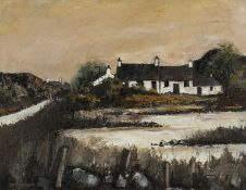 ‡ WILF ROBERTS (Welsh 1941-2016) oil on card - landscape with white washed cottages, signed and
