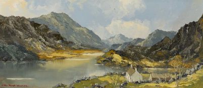 ‡ CHARLES WYATT WARREN (Welsh 1908-1993) oil on board - Eryri landscape with lake and whitewashed