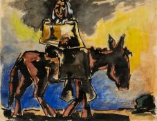 ‡ JOSEF HERMAN (Polish, lived Wales 1911-2000) mixed media - colourful study of figure on mule,