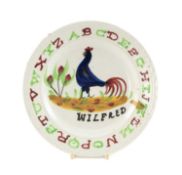 RARE LLANELLY COCKEREL ALPHABET PLATE decorated fully with cockerel in landscape to the interior