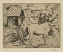 ‡ AUGUSTUS JOHN OM RA (Welsh 1878 - 1961) etching - caravan with figure and horse, signed in pencil,