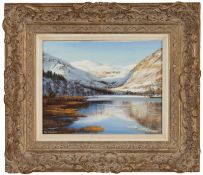 ‡ ALAN R THOMPSON (English b.1953) oil on board - winter Coniston Water with Coniston Old Man in