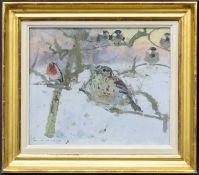 ‡ FRED CUMING RA (English b.1930) oil on board - perched garden birds in snow, 'Twilight Birds',