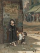 ‡ AUGUSTUS EDWIN MULREADY (English 1844-1904) mixed media - children on a street corner, signed,