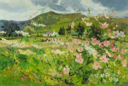 ‡ JAMES HARRIGAN (Scottish b.1937) oil on board - Ayrshire landscape with farmhouse and cattle,