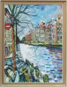 ‡ JOHN BRATBY RA (English 1928-1992) oil on canvas - 'She Floats in Beauty', view of Amsterdam,