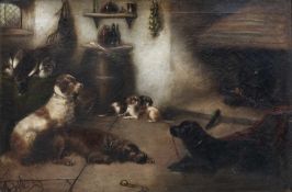 GEORGE ARMFIELD (English 1808-1893) oil on canvas - retrievers and spaniels in a cottage interior