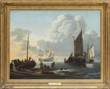 FOLLOWER OF HENDRIK JACOBSZ. DUBBELS (Dutch 1621-1707) oil on canvas - unloading Dutch smacks, bears
