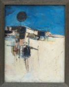 PETER OLIVER (English 1927-2006) oil on board with material - black sun with two figures, 51 x 40cms