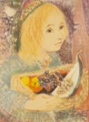 ‡ PIERRE LAVARENNE (French b. 1928) pastel - Jewish child wearing skullcap and holding fruit