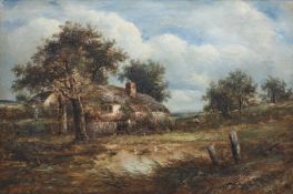 JOSEPH THORS (Dutch 1835-1898) oil on canvas - cottage landscape with duckpond to the fore,