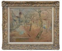 ‡ ANTHONY GROSS CBE RA (English 1905-1984) oil on board - entitled verso 'French Street Scene',