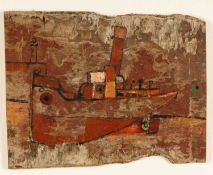 PETER OLIVER (English 1927-2006) oil on driftwood - entitled verso 'Old Tug' on Anthony Hepworth