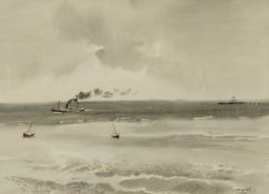 ‡ ROLAND VIVIAN PITCHFORTH RA (English 1895-1982) watercolour - steamer, sailboats and pier (Herne