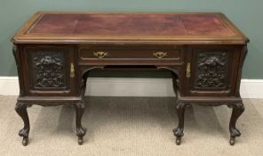 ROBSON & SONS (1876-1900) MAHOGANY TWIN PEDESTAL DESK with flanking carved cupboards, on cabriole