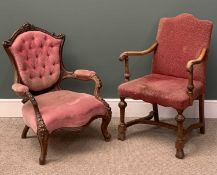 TWO ANTIQUE ARMCHAIRS comprising Victorian walnut button-back on carved and cabriole supports, 92 (