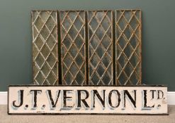 VINTAGE WOODEN STORE FRONT SIGN for 'J. T. Vernon Ltd', 34 (h) x 185 (w) x 5cms (d) and four metal