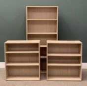 MODERN LIGHTWOOD EFFECT BOOKCASES (3), a pair, 90 (h) x 80 (w) x 29cms (d) and a taller example, 176