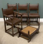FOUR VINTAGE OAK DINING CHAIRS & FOOTSTOOL having rexine and studded upholstery, includes one