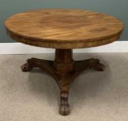 VICTORIAN MAHOGANY CIRCULAR TILT-TOP DINING TABLE on fine claw feet, 73 (h) x 122cms (diam.)