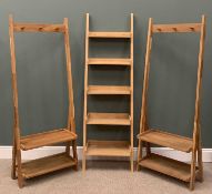 MODERN LIGHT OAK HALL STANDS (2), 184 (h) x 70 (w) x 33cms (d) and a wall leaning shelf, 183 (h) x