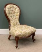 VICTORIAN LADIES SPOONBACK UPHOLSTERED ARMCHAIR on scroll supports and castors, 94 (h) x 62 (w) x