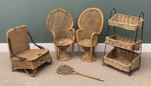 FIVE WICKER FURNISHINGS to include two small peacock type chairs, 90 (h) x 56 (w) x 33cms (diam.),