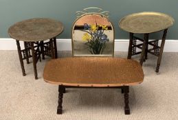 FOUR SMALL ITEMS OF FURNITURE including two Benares brass coffee tables, beaten-copper top table, 39