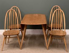 LIGHT ERCOL DROP-LEAF BREAKFAST TABLE, 71 (h) x 65/124 (w) x 125cms (d) and four hoop and stick back