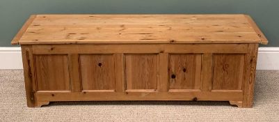 PLUS LOT 46 - LONG MODERN OAK BLANKET BOX having five fielded panels, 147 (h) x 148 (w) x 44cms (