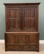OAK PRESS CUPBOARD 19th Century, both sections fielded and having two base drawers, 178 (h) x 133 (