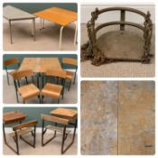 VINTAGE SCHOOL CLASS FURNITURE to include two desks/benches and stacking chairs Provenance: