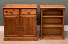 MODERN PINE CUPBOARD with two doors and two drawers, 91 (h) x 89 (w) x 43cms (d) and a narrow