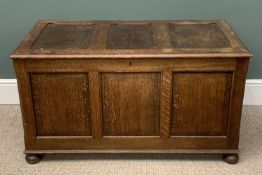 19TH CENTURY OAK COFFER having three fielded panels to the front, on bun feet, 58 (h), 104 (w),