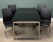 MODERN CHROME & BLACK EXTENDING DINING TABLE, 76 (h) x 160/205 (w) x 90cms (d) and four chairs