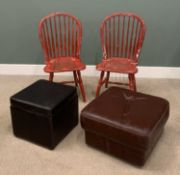 VINTAGE PAINTED HOOP & SPINDLE BACK KITCHEN CHAIRS with two pouffes Provenance: private collection